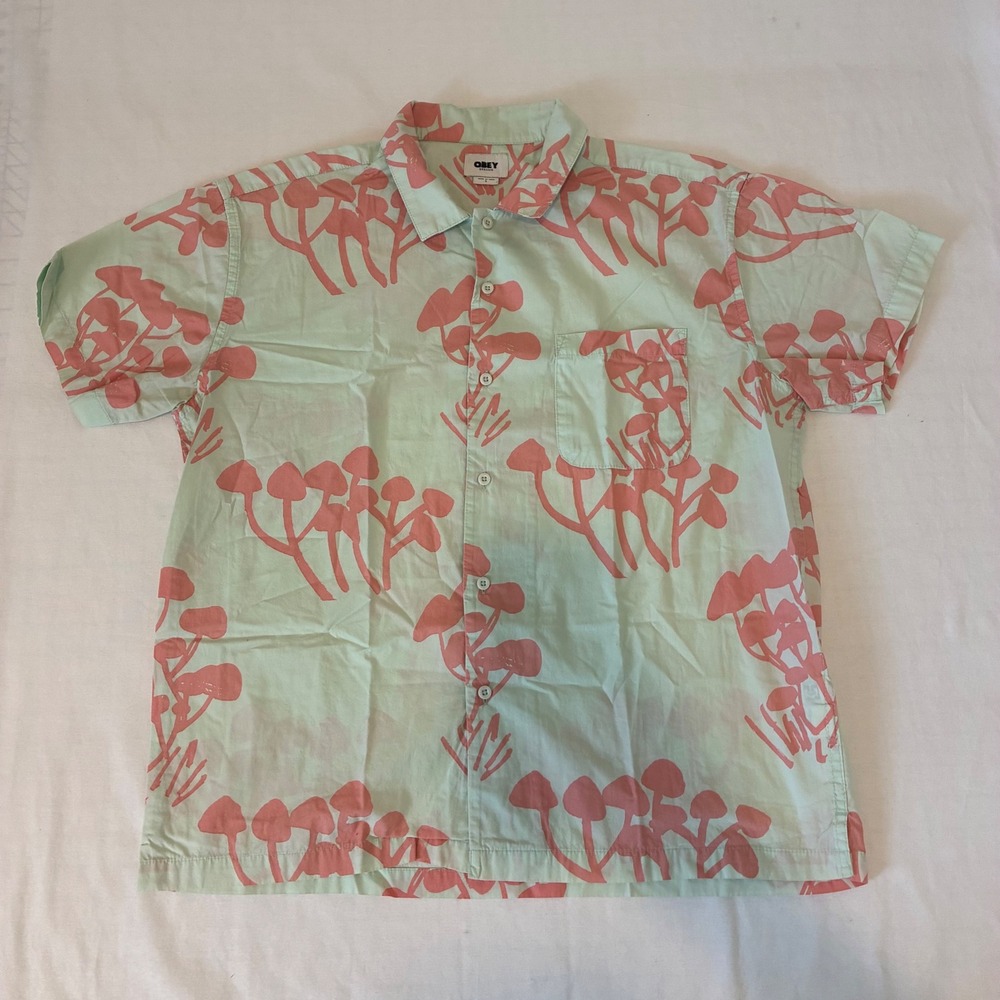 Obey Button Down Shirt Mens Large Green Good Mushroom Print Organic Cotton